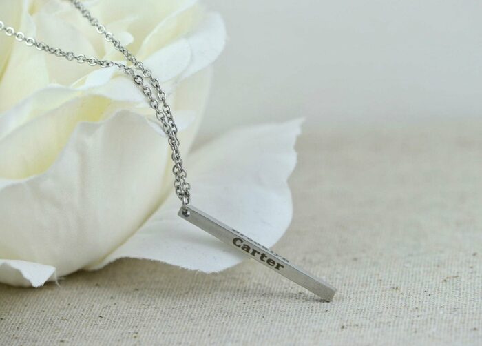 Personalised Name Bar Necklace, Silver Name Engraved Rectangle Necklace, Initials 3D Charm Bar Necklace, Customised Stainless Steel Necklace