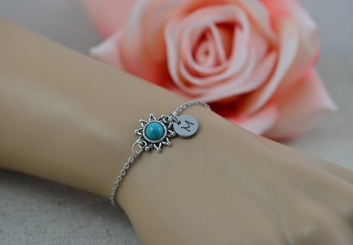 Turquoise Initials Personalised Bracelet, Customised Bridesmaids Jewellery, Dainty Blue Engraved Initial Bracelet, Gift Bracelet for Women